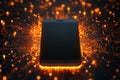 3d mobile phone screen on light glowing gold background. Smartphone futuristic app mockup with abstract beams flare
