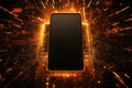 3d mobile phone screen on light glowing gold background. Smartphone futuristic app mockup with abstract beams flare