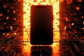 3d mobile phone screen on light glowing gold background. Smartphone futuristic app mockup with abstract beams flare