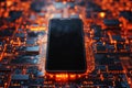 3d mobile phone screen on light glowing gold background. Smartphone futuristic app mockup with abstract beams flare