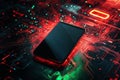 3d mobile phone screen on light glowing gold background. Smartphone futuristic app mockup with abstract beams flare