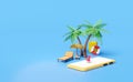 3d mobile phone, smartphone beach chair with pin, palm tree, umbrella, lifebuoy, suitcase, ice cream isolated on blue background. Royalty Free Stock Photo