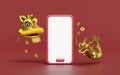 3d mobile phone, smartphone with yellow lion dance head, chinese coin, fan for festive chinese new year holiday. 3d render