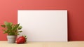 3d Mockup Of White Sign With Strawberry And Plant On Wooden Table