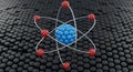 3D Model of an Atom with a Blue Nucleus and Red Orbiting Electrons on a Hexagonal Surface Royalty Free Stock Photo