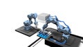 3D model of an automated laboratory with two mechanical arms taking samples from a tray of test tubes with white background