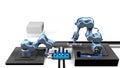 3D model of an automated laboratory with two mechanical arms taking samples from a tray of test tubes with white background