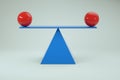 3d model of balancing red balls on a scale. Blue balancing scales with red balls on a white isolated background. Close Royalty Free Stock Photo