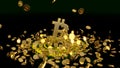 3D model of the bitcoin logo gold coins that scatter in different directions. 3D rendering.