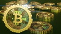 3D model of the bitcoin logo gold coins that scatter in different directions. 3D rendering.