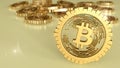 3D model of the bitcoin logo gold coins that scatter in different directions. 3D rendering.