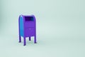 3d model of a blue mailbox on an isolated white background. 3d graphics, blue mailbox object. Isometric model of the