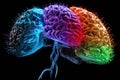 A 3D model of a brain pulsating and lit up in different colors as it interacts with an AI proam. . AI generation Royalty Free Stock Photo