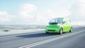 3d model of electric green car with 3d model of man. Render. Ecology concept. 3d rendering.
