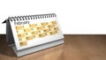 3D model of a February desktop calendar in white color on a wooden table on white background