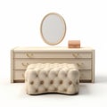 3d Render Of Beige Ottoman Dresser With Mirror On White Background