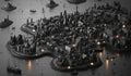 A 3D model of a futuristic city with a grayscale color scheme and glowing lights