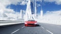 3d model of futuristic red electric car on highway. Very fast driving. Future concept. 3d rendering.