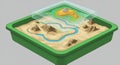 A 3D model of a geographical landscape in a green rectangular tray. The terrain Royalty Free Stock Photo