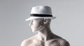 Side View Of 3D Wireframe Model Wearing Fedora Hat. Digital Human Visualization On Grey Background. Technology, Fashion Royalty Free Stock Photo