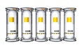 3D model of a group of 5 tanks reflective white metal container with yellow label seen from front on white background. 3D renderin