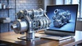 3d model of internal combustion engine displayed on laptop next to structural cutaway view in engineering office