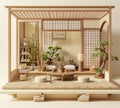 it is a 3d model of a japanese living room with a canopy