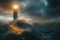 A 3D model of a lighthouse casting a guiding light over stormy seas, embodying steadfast leadership and direction , advertise