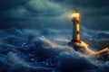 A 3D model of a lighthouse casting a guiding light over stormy seas, embodying steadfast leadership and direction , advertise