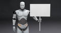 Male Robot With Small Polled Blank Sign On Dark Background Royalty Free Stock Photo