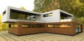 3D model of a modern country house among yellow leaves. Finishing of the first floor front board. 3d render