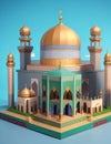 A 3d model of a mosque with a blue dome and the word love on it. Generative Ai.