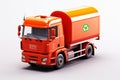 3D model of an orange garbage truck designed for urban waste collection in a modern city