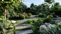 3D Model of an Outdoor Garden with Pathways in VRay Tracing Style Royalty Free Stock Photo