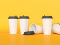 3d model of paper cups with a lid standing on a plane under natural light. Yellow background. Rendering.