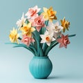 Vibrant 3d Paper Flowers In Teal And Pink Vase