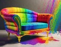 3d model of rainbow coloured art deco sofa, visually stereophonic by the technique of paint splattering and claymation - generated Royalty Free Stock Photo