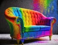 3d model of rainbow coloured art deco sofa, visually stereophonic by the technique of paint splattering and claymation - generated Royalty Free Stock Photo