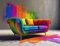 3d model of rainbow coloured art deco sofa, visually stereophonic by the technique of paint splattering and claymation - generated Royalty Free Stock Photo