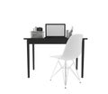 Workplace with black desk, computer and white chair