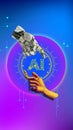 3D model of robotic hand and human hand touching fingers with AI icon against gradient neon background. Conceptual Royalty Free Stock Photo