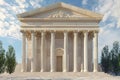 3D model showcasing a neoclassical temple with columns and surrounding trees, Design a neoclassical facade inspired by ancient Royalty Free Stock Photo