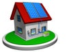 3D model of a small house with a solar energy system installed, with 4 solar panels on the red roof on a white disk