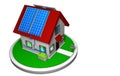 3D model of a small house with a solar energy system installed, with 4 solar panels on the red roof on a white disk Royalty Free Stock Photo