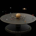 A 3D model of the solar system features a large central sphere representing the sun