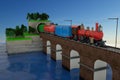 3D model of a train leaving the tunnel. Train with cars on the railway bridge. Freight train on rails.