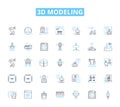 3d modeling linear icons set. Rendering, Animation, CAD, Sculpting, Texturing, Shading, Lighting line vector and concept