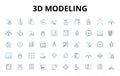 3d modeling linear icons set. Rendering, Animation, CAD, Sculpting, Texturing, Shading, Lighting vector symbols and line