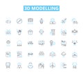 3d modelling linear icons set. Rendering, Sculpting, Texturing, Animation, Modeling, Rigging, Lighting line vector and
