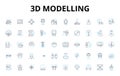 3d modelling linear icons set. Rendering, Sculpting, Texturing, Animation, Modeling, Rigging, Lighting vector symbols